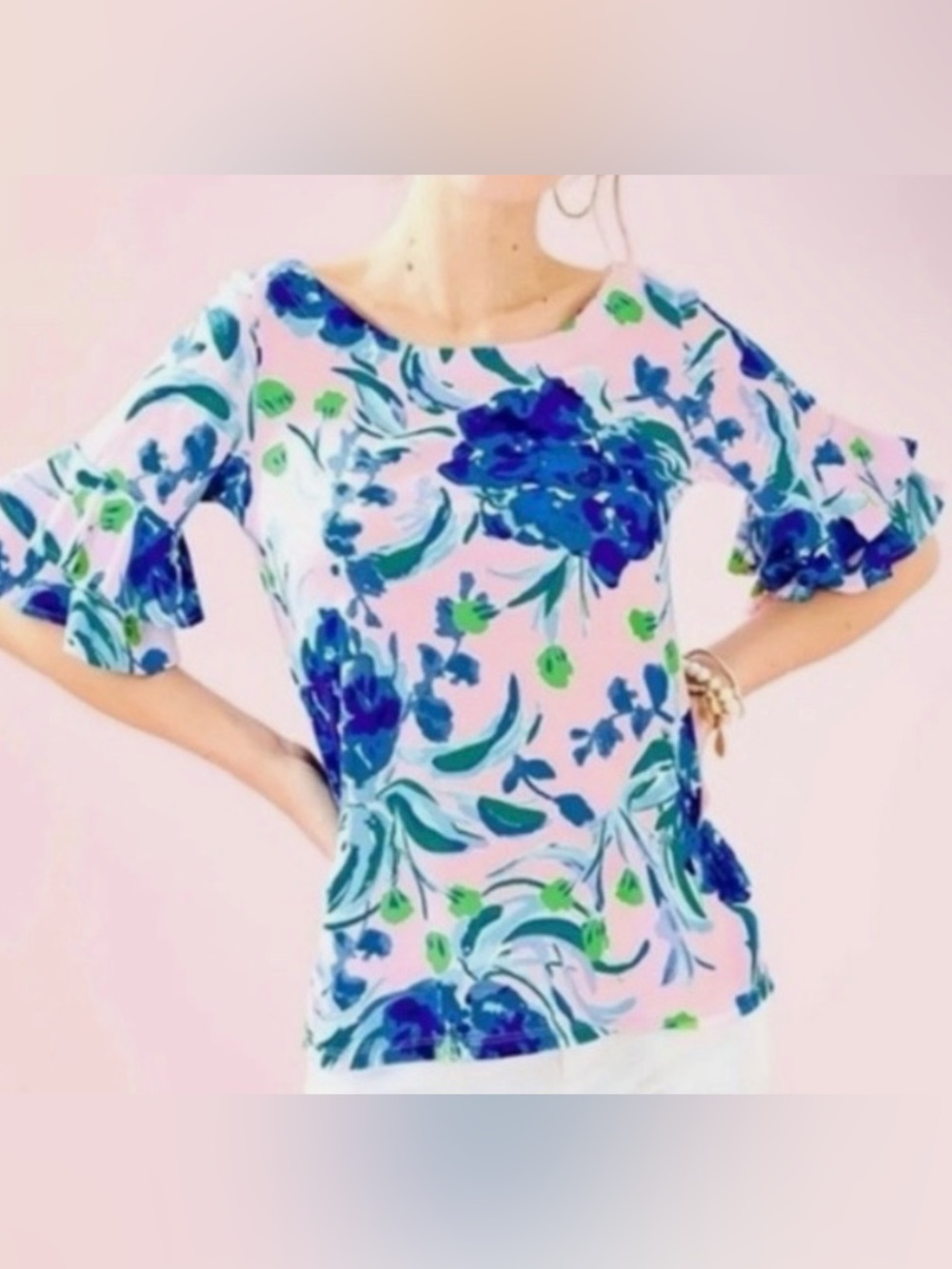 Lilly Pulitzer Lula Sweet Pea Top Ruffle Sleeve Shirt XL (mix30)